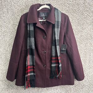 London Fog Coat Women’s Large Burgundy Red Winter with Plaid Scarf NWT
